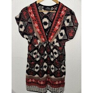 Angie Red Black AOP Short Sleeve Stretch Wrap V Neck Dress Size Med